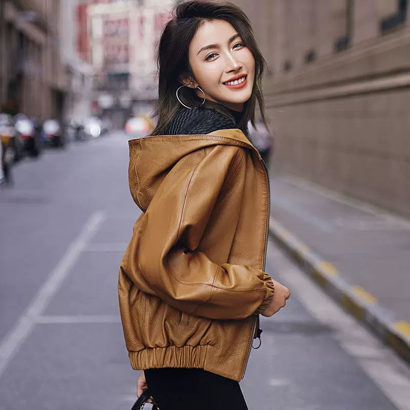 Hooded cropped lambskin jacket