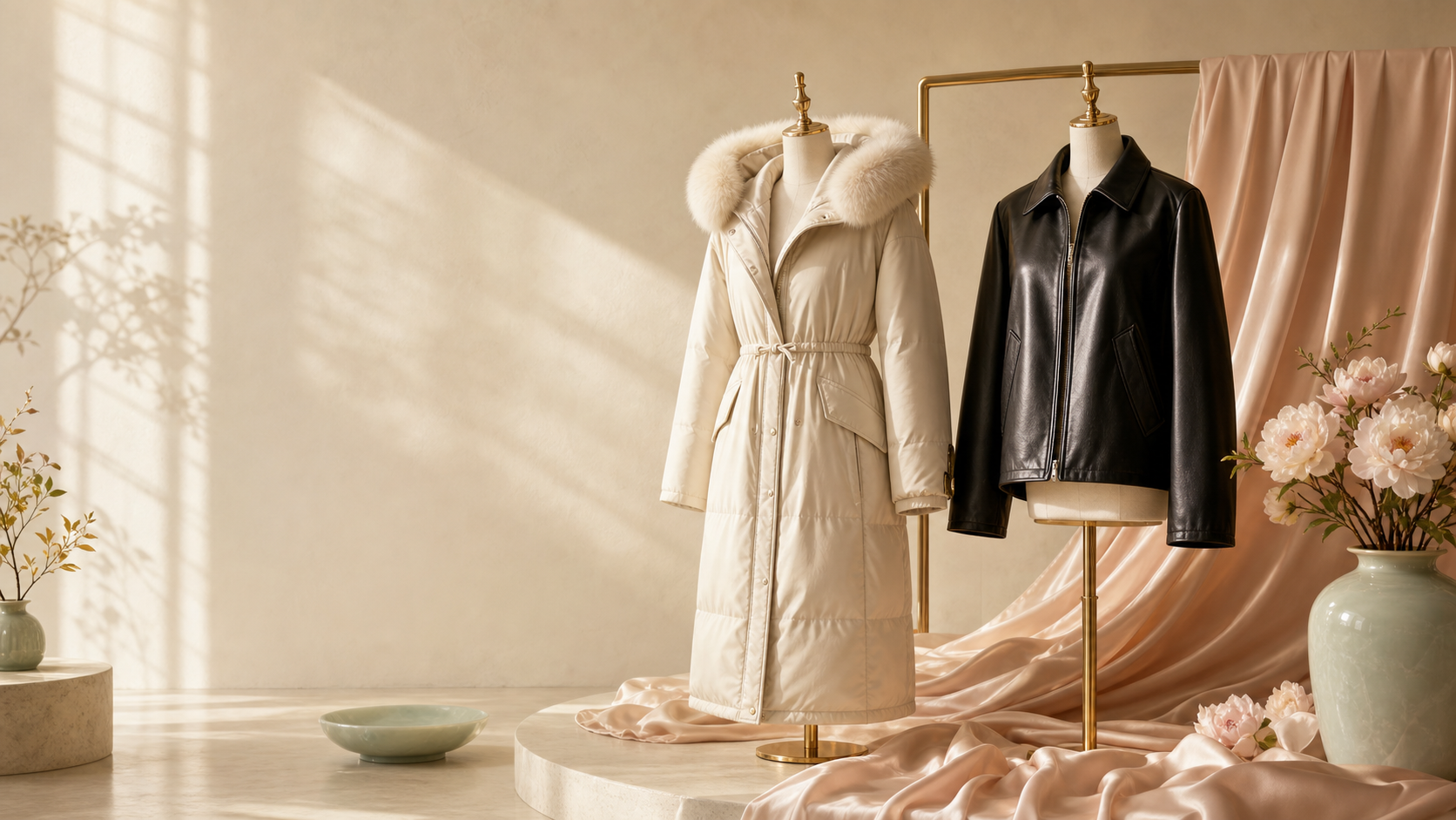 Hou Gong Zhu warm luxury outerwear atelier with silk, jade ceramic and champagne gold rail