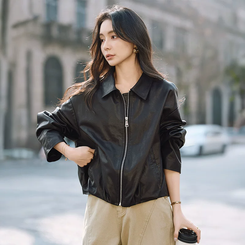 Relaxed lapel leather biker jacket